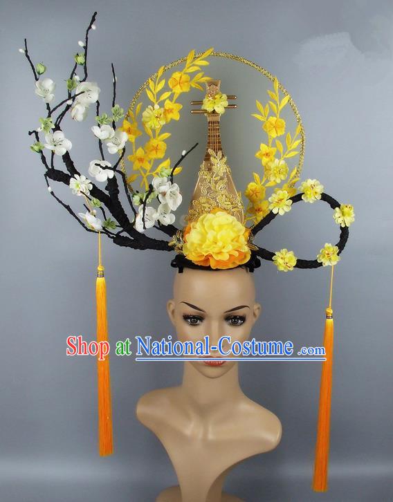 Handmade Halloween Golden Lute Hair Accessories Chinese Stage Performance Hair Clasp Headdress for Women