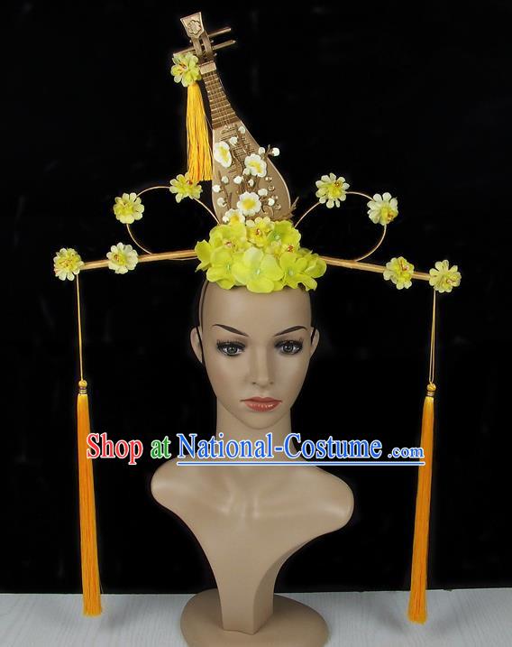 Handmade Halloween Golden Lute Flowers Hair Accessories Chinese Stage Performance Hair Clasp Headdress for Women