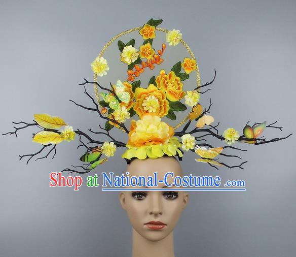 Handmade Halloween Yellow Peony Hair Accessories Chinese Stage Performance Hair Clasp Headdress for Women