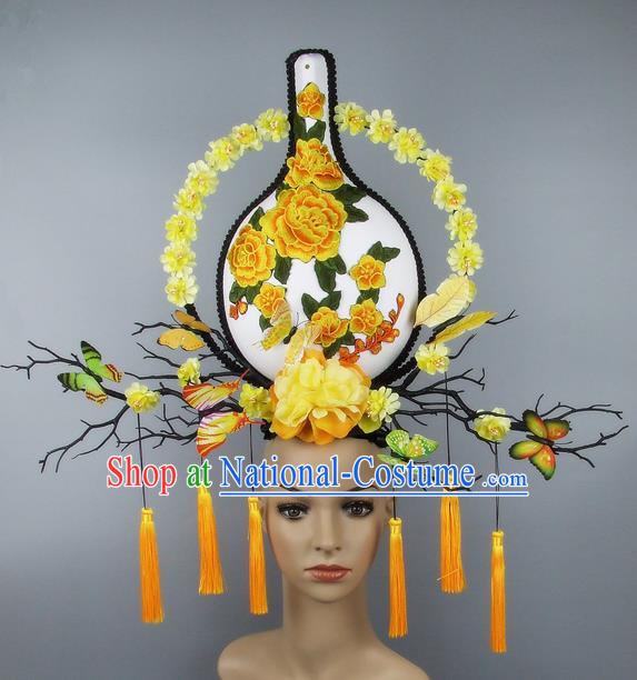 Handmade Halloween Yellow Peony Vase Hair Accessories Chinese Stage Performance Hair Clasp Headdress for Women