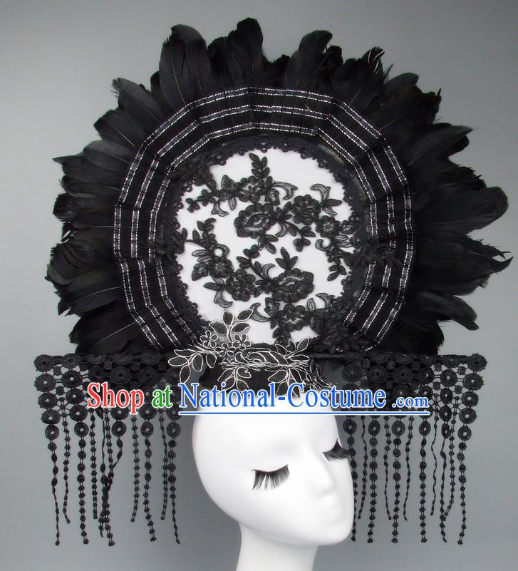 Handmade Halloween Cosplay Black Feather Hair Accessories Chinese Stage Performance Hair Clasp Headdress for Women