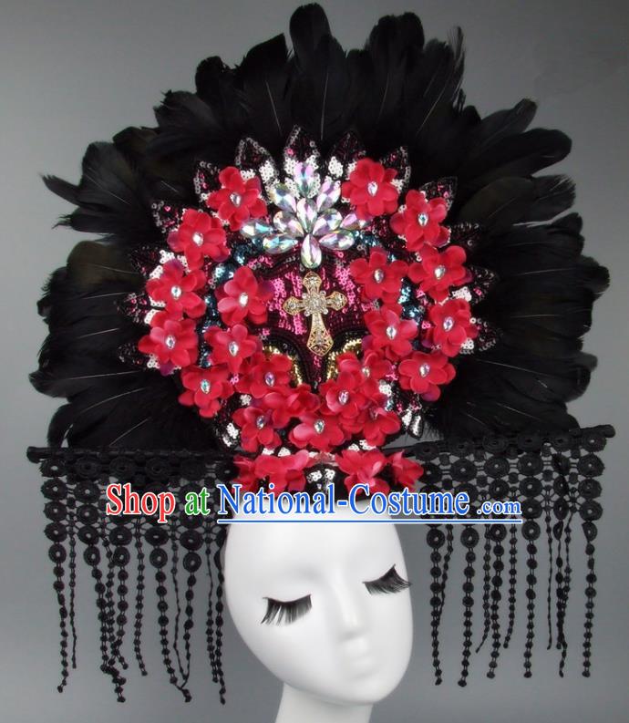 Handmade Halloween Cosplay Red Flowers Feather Hair Accessories Chinese Stage Performance Hair Clasp Headdress for Women