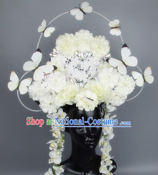 Handmade Halloween Cosplay White Flowers Butterfly Hair Accessories Chinese Stage Performance Hair Clasp Headdress for Women