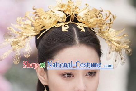 Handmade Chinese Golden Phoenix Coronet Ancient Hair Accessories Hanfu Hairpins for Women