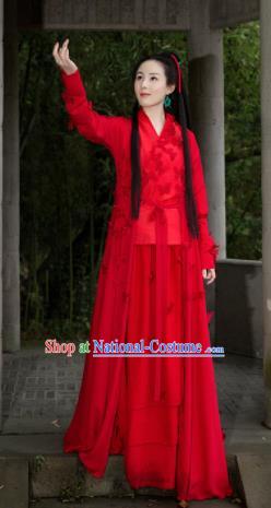 Chinese Ancient Traditional Red Hanfu Dress Qin Dynasty Swordswoman Embroidered Costumes for Women