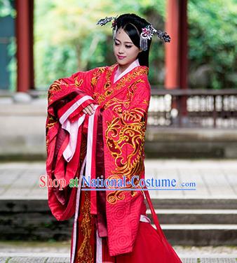 Chinese Traditional Wedding Red Hanfu Dress Ancient Han Dynasty Princess Embroidered Costumes and Headpiece for Women