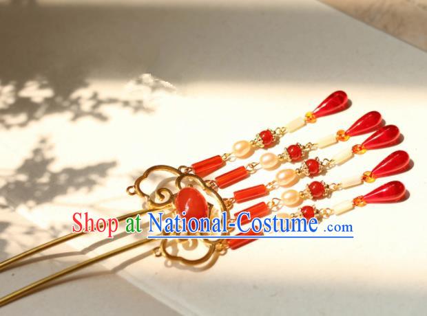 Chinese Traditional Handmade Hair Clip Hair Accessories Ancient Red Agate Tassel Hairpins for Women