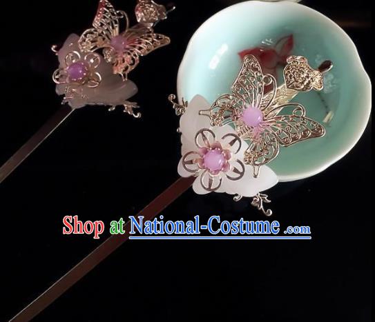 Chinese Handmade Ancient Princess Hair Accessories Hanfu Jade Butterfly Hairpins for Women