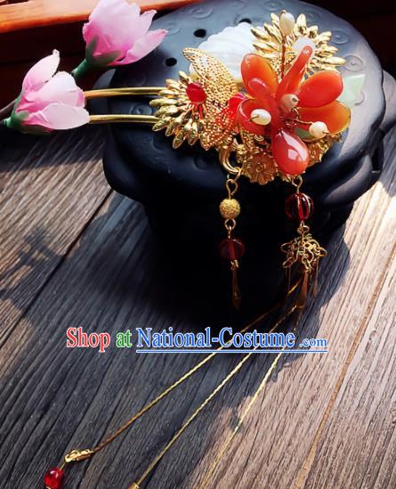 Chinese Handmade Ancient Red Flower Hair Clip Palace Hair Accessories Hanfu Hairpins for Women