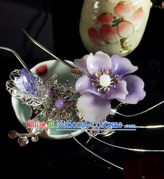 Chinese Handmade Ancient Palace Hair Accessories Hanfu Purple Flower Hairpins for Women