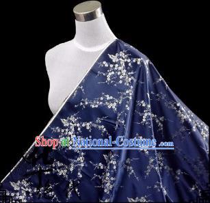 Asian Chinese Traditional Fabric Navy Satin Brocade Silk Material Classical Plum Blossom Pattern Design Satin Drapery