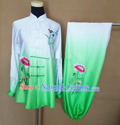 Chinese Traditional Martial Arts Embroidered Lotus Costumes Tai Chi Tai Ji Training Green Silk Clothing for Adults