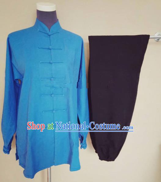 Chinese Traditional Martial Arts Linen Costumes Tai Chi Tai Ji Training Blue Shirt and Black Pants for Adults