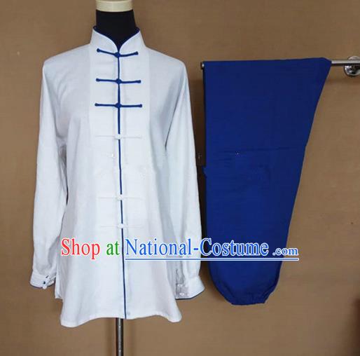 Chinese Traditional Martial Arts Linen Costumes Tai Chi Tai Ji Training White Shirt and Blue Pants for Adults