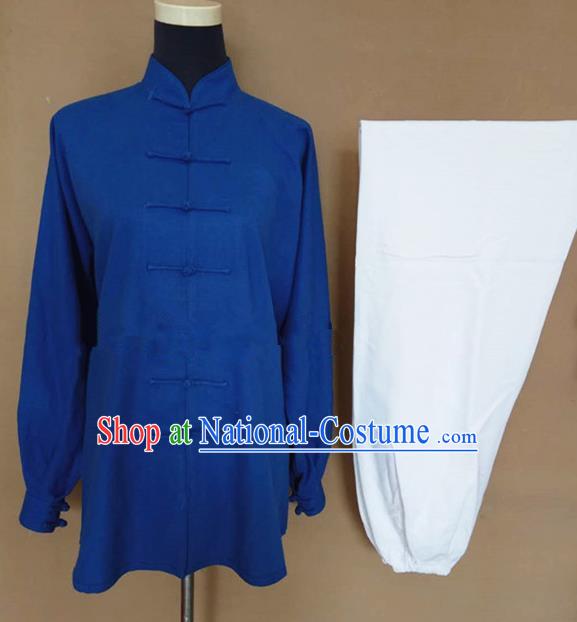 Chinese Traditional Martial Arts Linen Costumes Tai Chi Tai Ji Training Blue Shirt and White Pants for Adults