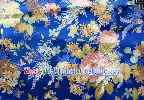 Asian Chinese Traditional Tang Suit Fabric Royalblue Brocade Silk Material Classical Peony Chrysanthemum Pattern Design Drapery