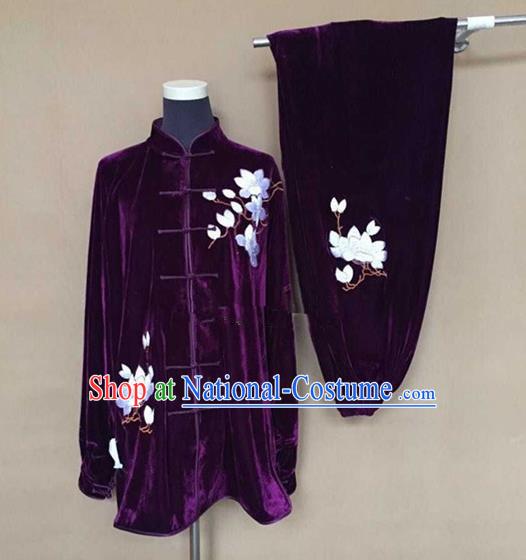 Chinese Traditional Kung Fu Martial Arts Purple Velvet Costumes Tai Chi Training Clothing for Women