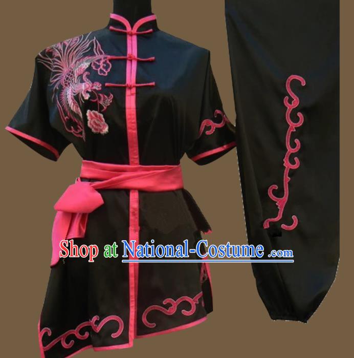 Chinese Traditional Kung Fu Martial Arts Embroidered Phoenix Black Costumes Tai Chi Training Clothing for Women