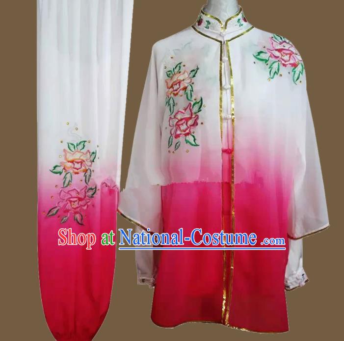 Chinese Traditional Kung Fu Martial Arts Embroidered Peony Rosy Costumes Tai Chi Training Clothing for Women