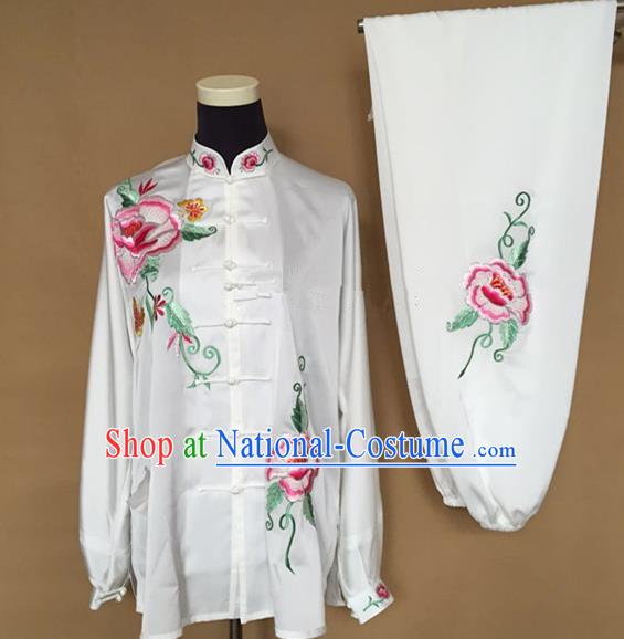 Chinese Traditional Kung Fu Martial Arts Embroidered Peony White Costumes Tai Chi Training Clothing for Women