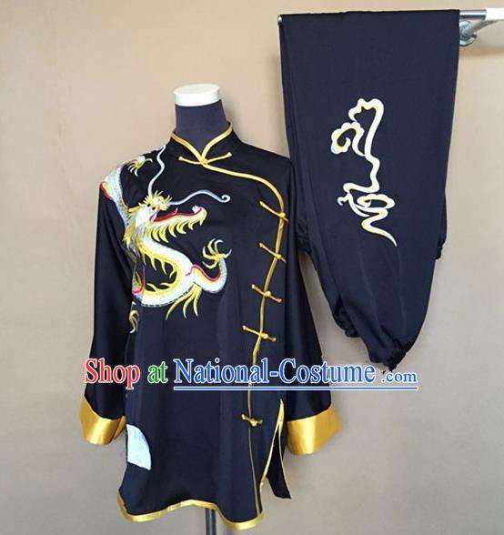 Chinese Traditional Martial Arts Black Costumes Tai Chi Kung Fu Training Embroidered Dragon Clothing for Adults