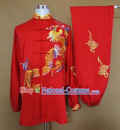 Chinese Traditional Martial Arts Red Costumes Tai Chi Kung Fu Training Embroidered Dragon Clothing for Adults