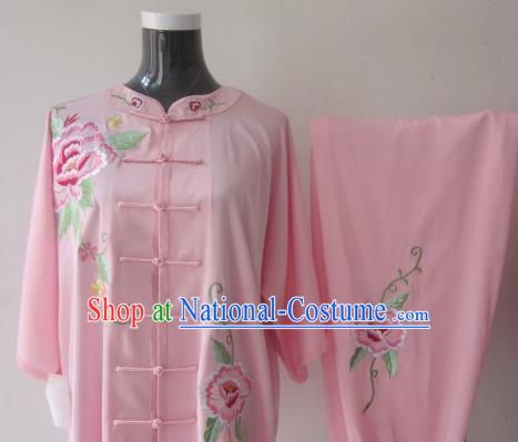 Chinese Traditional Kung Fu Embroidered Peony Pink Silk Costumes Martial Arts Tai Chi Training Clothing for Women