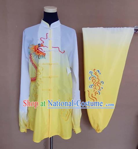 Chinese Traditional Martial Arts Embroidered Dragon Yellow Costumes Tai Chi Tai Ji Training Clothing for Adults