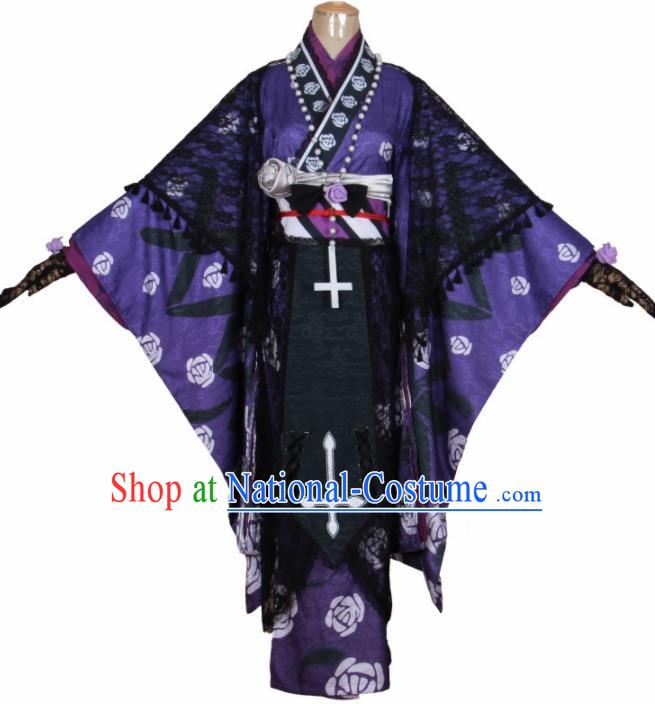 Asian Japanese Traditional Cosplay Costumes Ancient Purple Furisode Kimono Yukata Clothing for Women