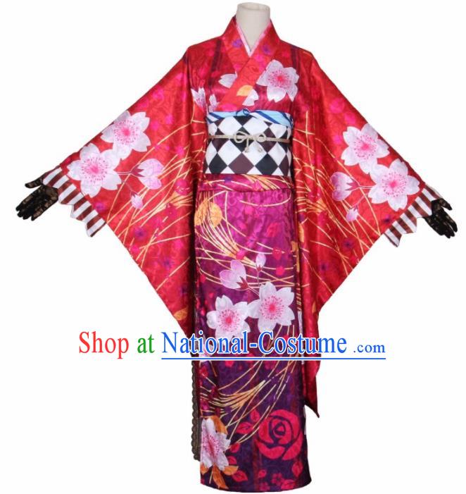 Asian Japanese Traditional Cosplay Costumes Ancient Yokime Printing Sakura Furisode Kimono Yukata Clothing for Women