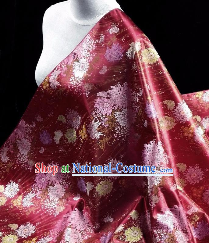 Asian Chinese Traditional Tang Suit Fabric Purplish Red Brocade Silk Material Classical Chrysanthemum Pattern Design Drapery