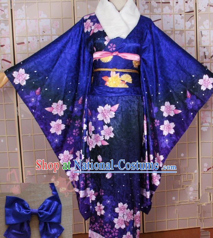 Asian Japanese Traditional Cosplay Costumes Ancient Yokime Blue Furisode Kimono Yukata Clothing for Women