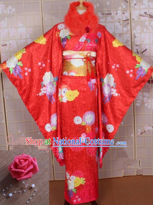 Asian Japanese Traditional Cosplay Costumes Ancient Yokime Red Furisode Kimono Yukata Clothing for Women