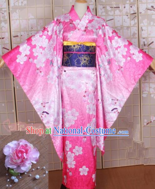 Asian Japanese Traditional Cosplay Costumes Ancient Yokime Pink Furisode Kimono Yukata Clothing for Women