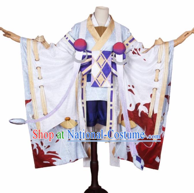 Asian Japanese Traditional Cosplay Yokime Costumes Ancient White Furisode Kimono Yukata Clothing for Women