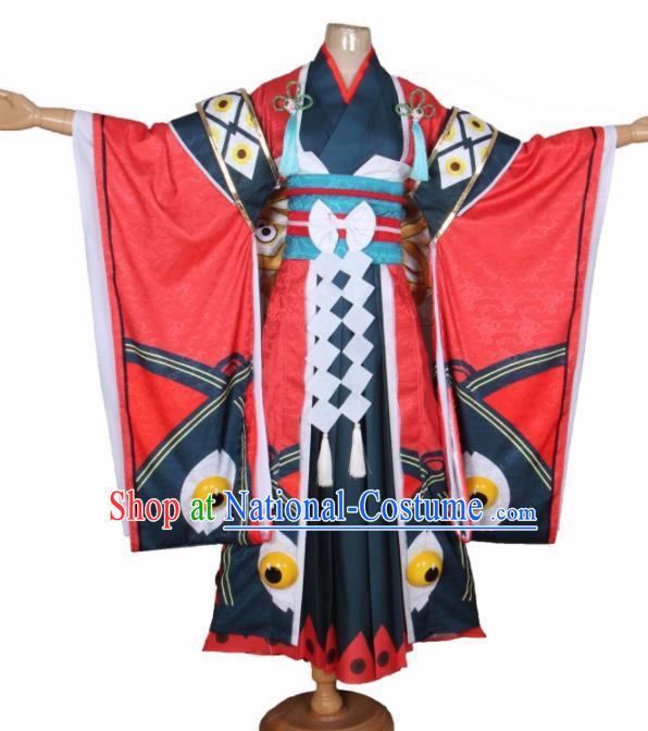 Asian Japanese Traditional Cosplay Yokime Costumes Ancient Red Furisode Kimono Yukata Clothing for Women