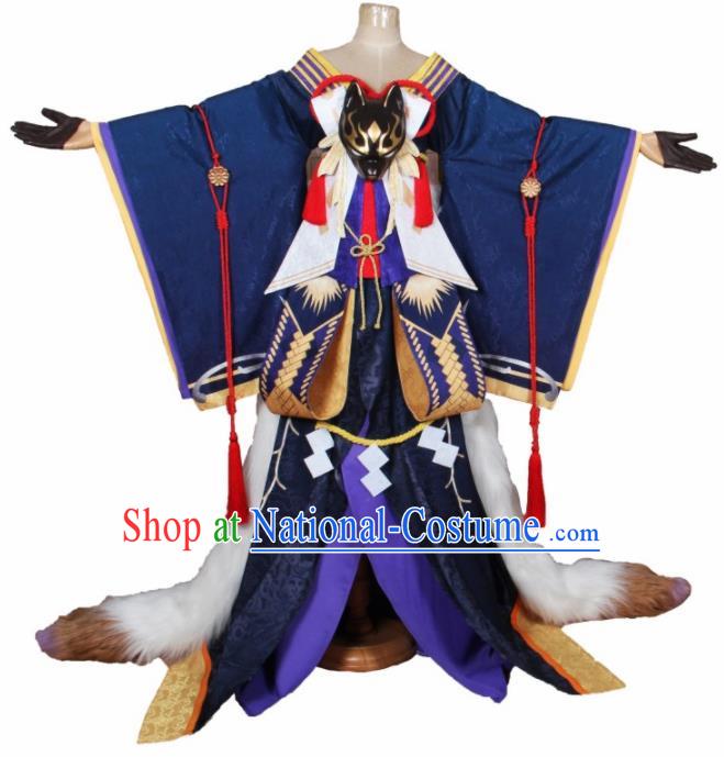 Asian Japanese Traditional Cosplay Fox Fairy Costumes Ancient Blue Furisode Kimono Yukata Clothing for Women