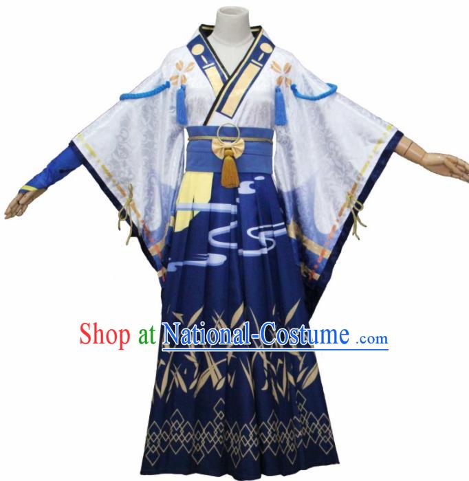 Asian Traditional Cosplay Costumes Japanese Ancient Blue Furisode Kimono Yukata Clothing for Women