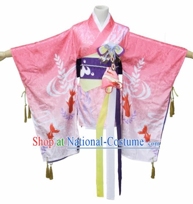 Asian Traditional Kimono Cosplay Costumes Japanese Ancient Geisha Pink Furisode Yukata Clothing for Women