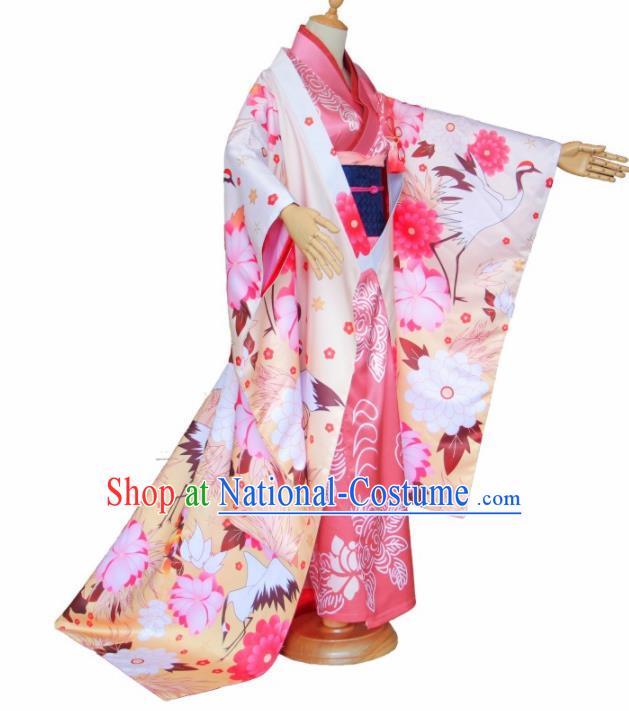 Asian Traditional Pink Furisode Kimono Cosplay Costumes Japanese Ancient Geisha Yukata Clothing for Women