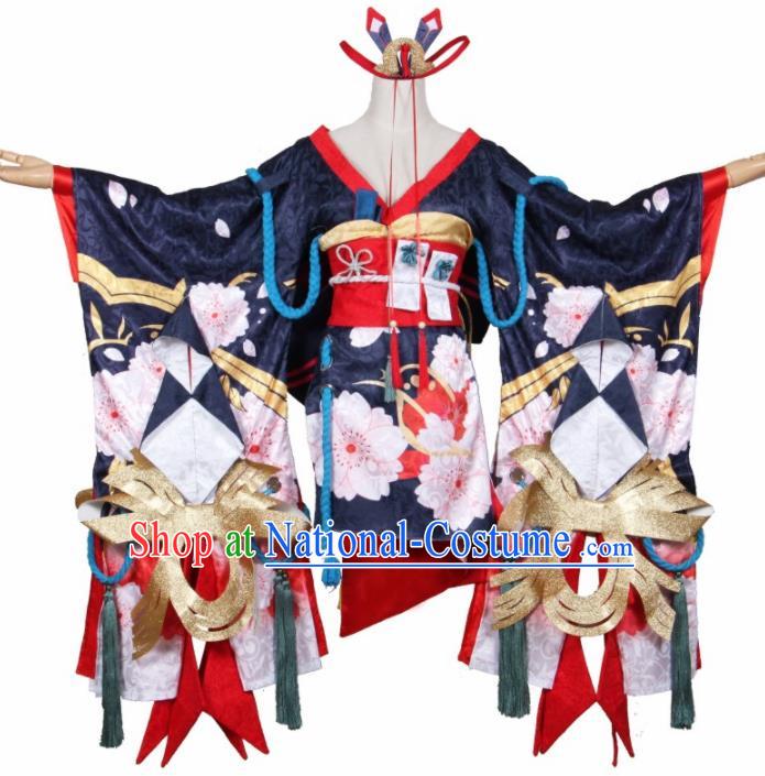 Asian Traditional Navy Furisode Kimono Cosplay Costumes Japanese Ancient Geisha Yukata Clothing for Women