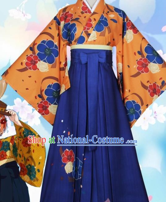 Asian Japanese Traditional Orange Furisode Kimono Cosplay Geisha Costumes Ancient Yukata Clothing for Women