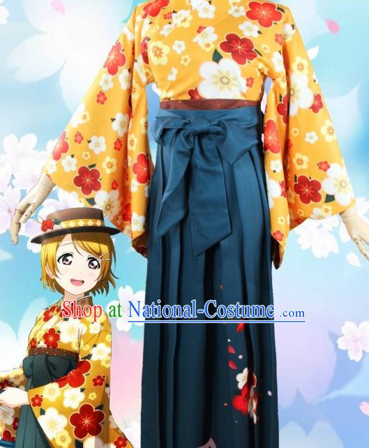 Asian Japanese Traditional Yellow Furisode Kimono Cosplay Geisha Costumes Ancient Yukata Clothing for Women