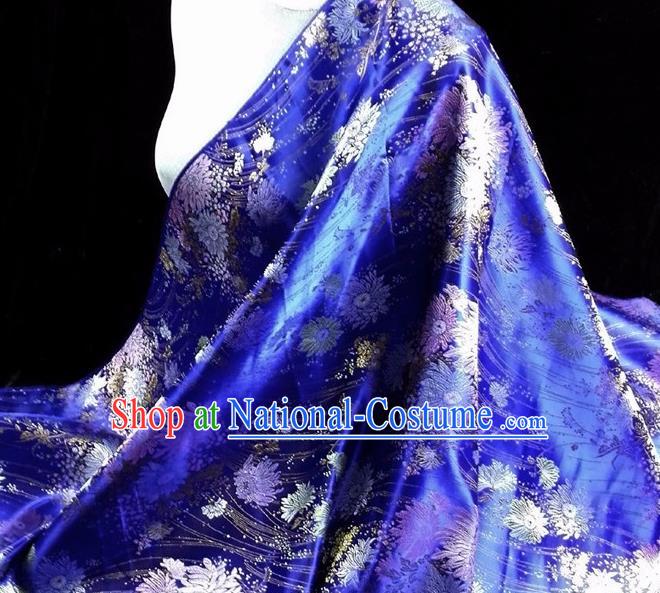 Asian Chinese Traditional Tang Suit Fabric Royalblue Brocade Silk Material Classical Chrysanthemum Pattern Design Drapery