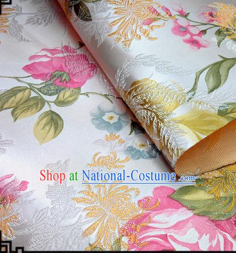 Asian Chinese Traditional Tang Suit Fabric White Brocade Silk Material Classical Peony Chrysanthemum Pattern Design Drapery