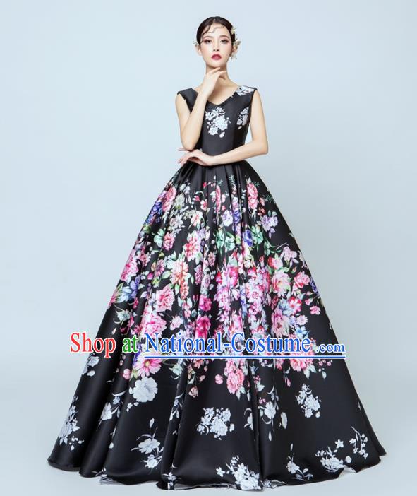 Top Performance Catwalks Costumes Wedding Printing Black Full Dress for Women