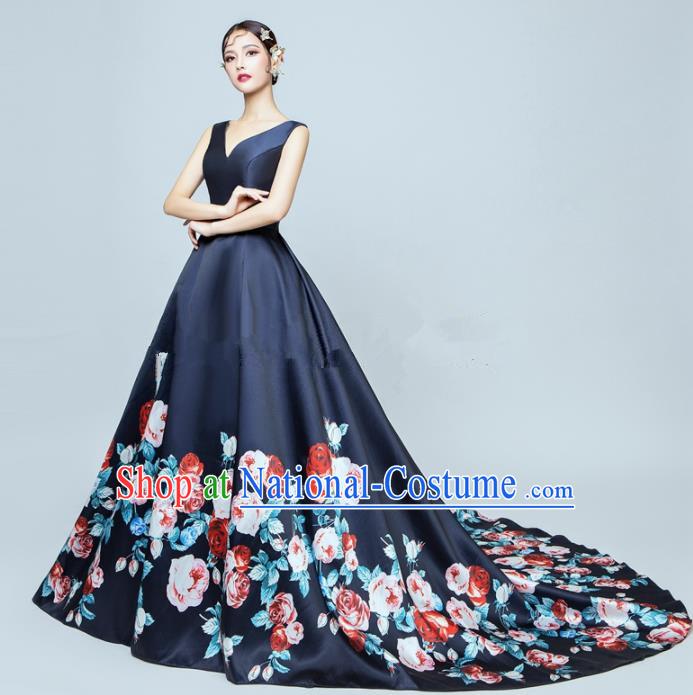 Top Performance Catwalks Costumes Wedding Printing Rose Navy Full Dress for Women