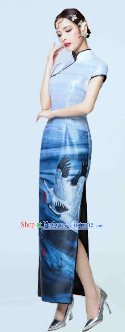 Chinese Classical Catwalks Costumes Traditional Printing Cranes Cheongsam Full Dress for Women