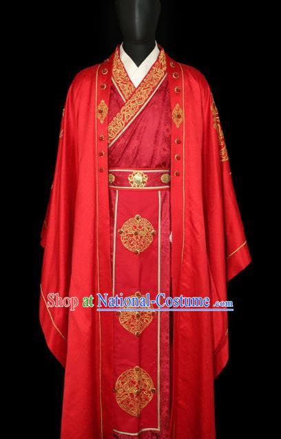 Chinese Traditional Bridegroom Wedding Costumes Ancient Swordsman Red Clothing for Men