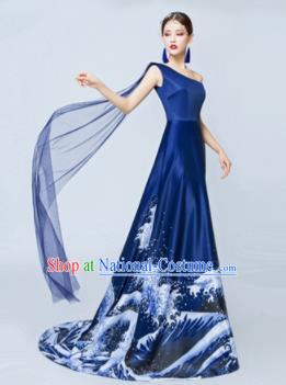 Top Performance Catwalks Costumes Wedding Single Shoulder Navy Full Dress for Women